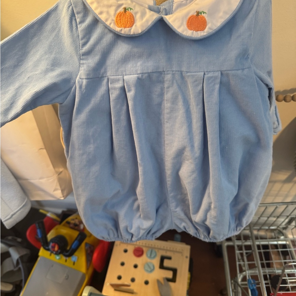 Blue and Orange Seasonal Romper with Pumpkin Embroidery (worn once 20 mins)